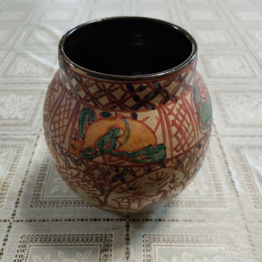 小橋川仁王造 壺屋焼 赤絵壺 花瓶 沖縄