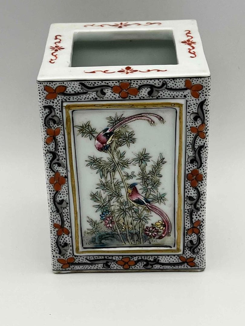 清道光時代 【大清道光年製】在銘 粉彩 琺瑯彩金彩錦雞墨彩詩文筆筒(E-70) 清道光時代 【大清道光年製】在銘 粉彩 琺瑯彩金彩錦雞