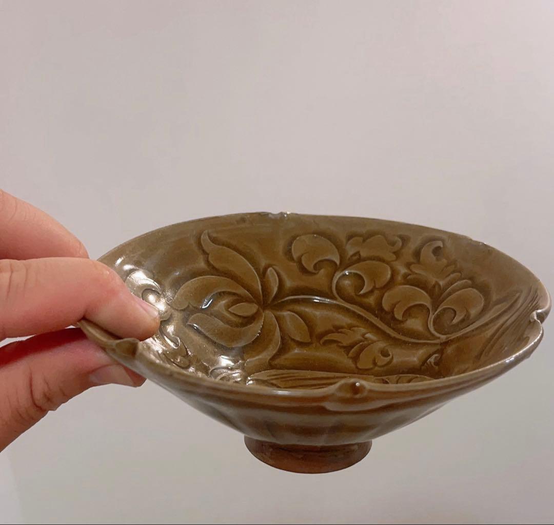 耀州窯刻花魚斗笠碗 唐物 茶道具 煎茶碗 中国古美術 骨董