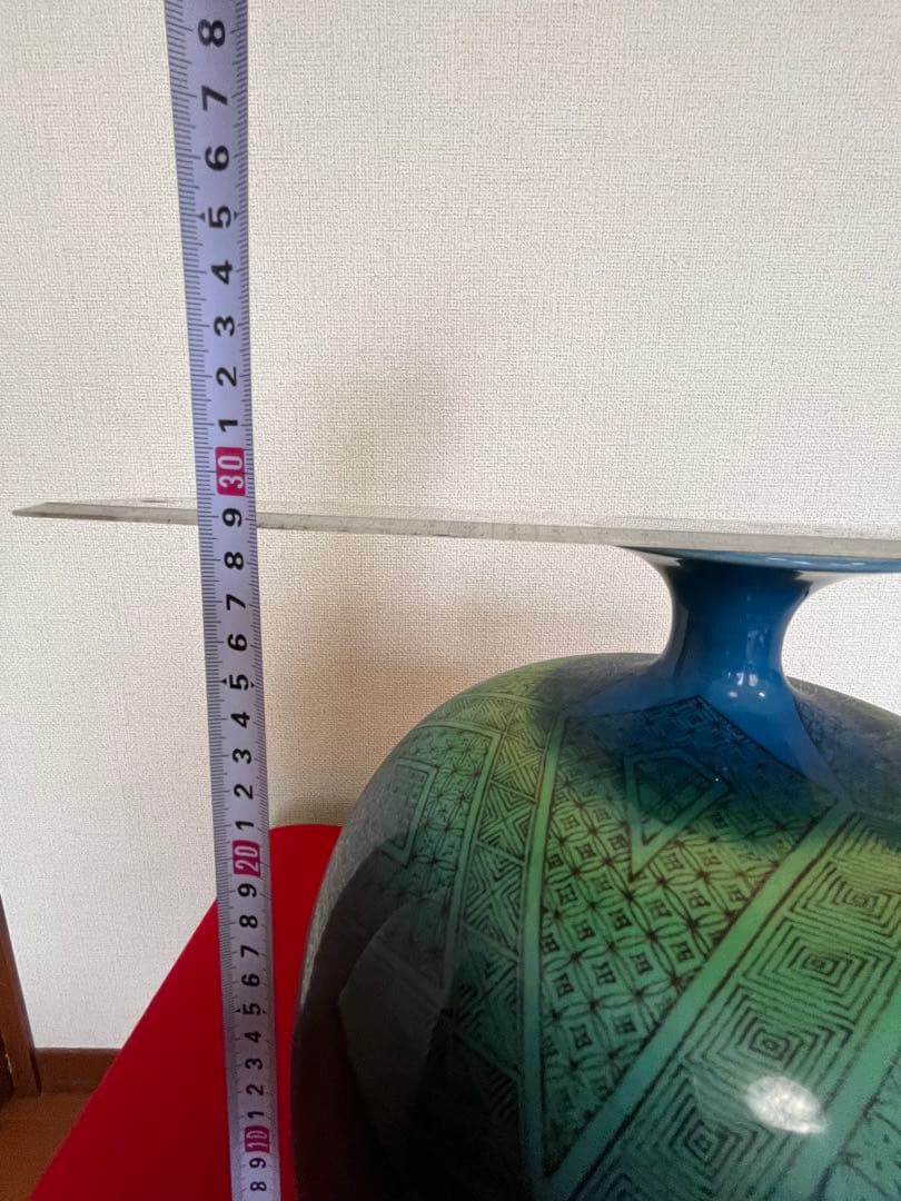 【特大】人間国宝 三代 徳田八十吉（正彦銘）碧明釉 小紋壺 約29cm T237