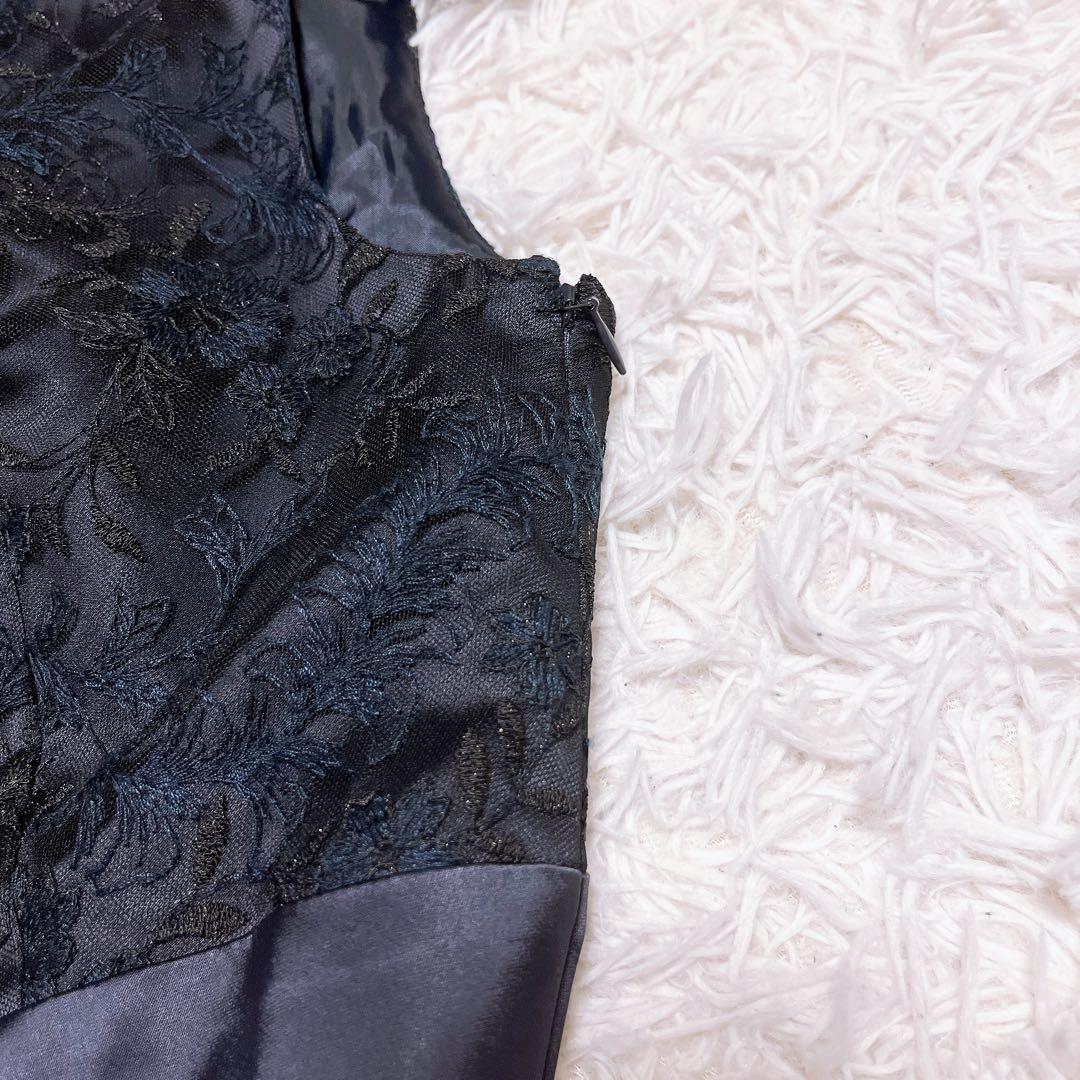 美品 Aimer ラメ 刺繍 レース サテン ロング ドレス レースアップ 紺色