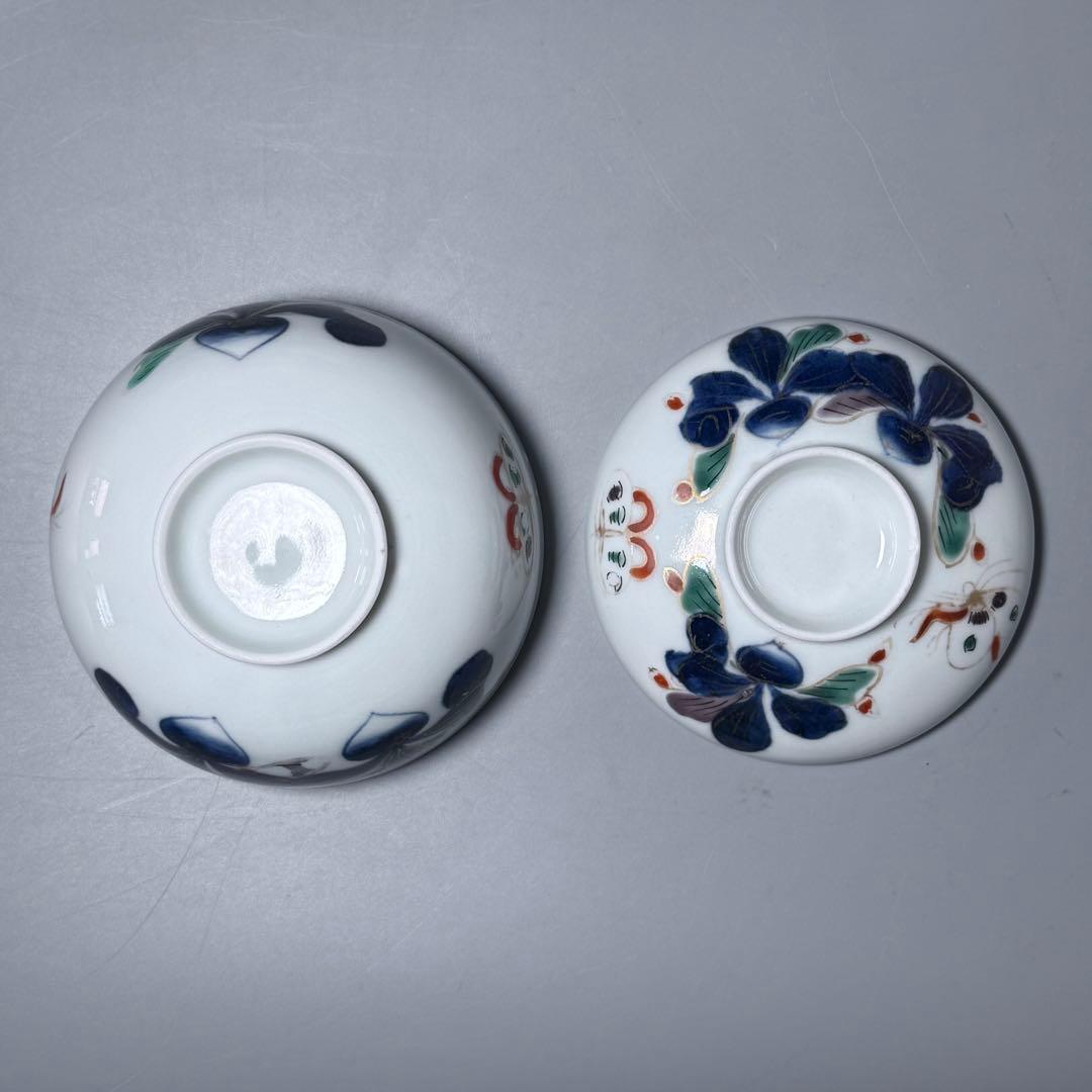 幕末〜明治時代　染錦かぶ文様蓋物　五客　蝶　可愛らしい器　料理屋