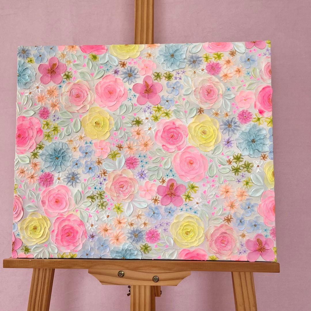 立体的花柄　アクリル絵画 テクスチャーアート フランフラン フラワー　ボタニカル