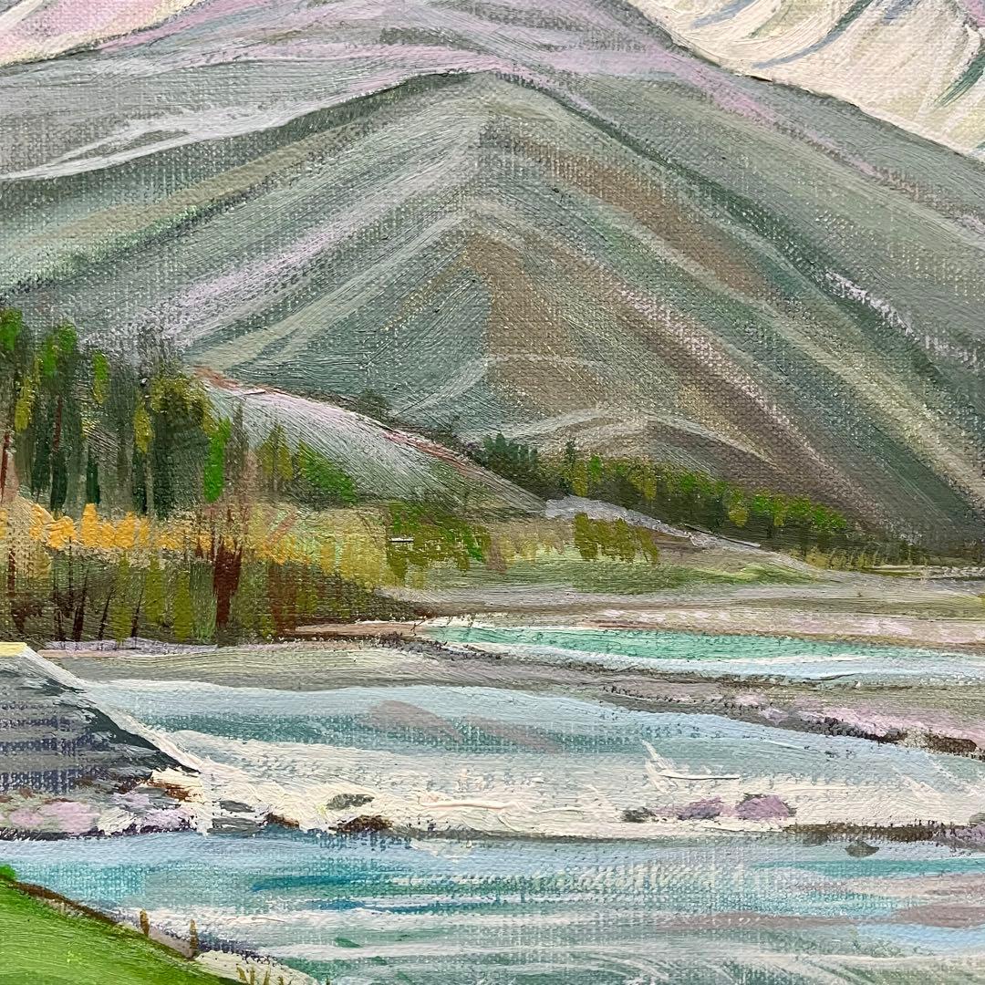 油彩画 :雪解けの春 山と川の風景＊絵画 原画 油絵 風景画