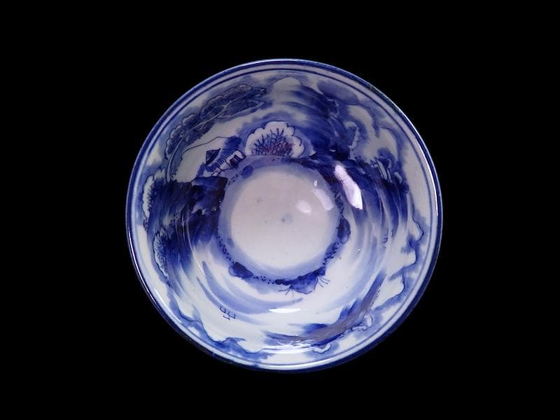 古伊万里　染付　透かし　微塵唐草に唐子　山水紋の図　盃洗　F202ASfbtb