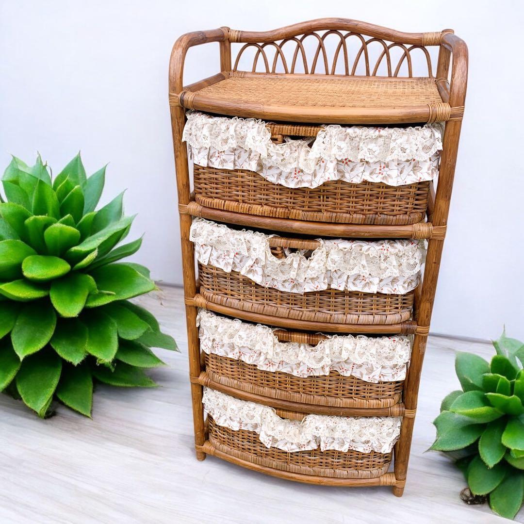 【送料込】ラタン 籐 ヴィンテージ収納 4段チェスト アンティーク家具