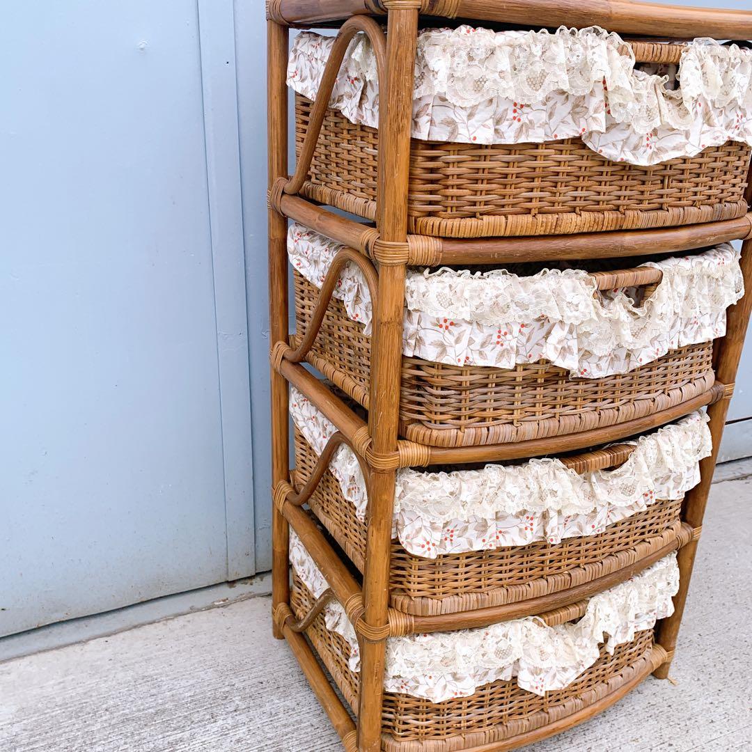 【送料込】ラタン 籐 ヴィンテージ収納 4段チェスト アンティーク家具