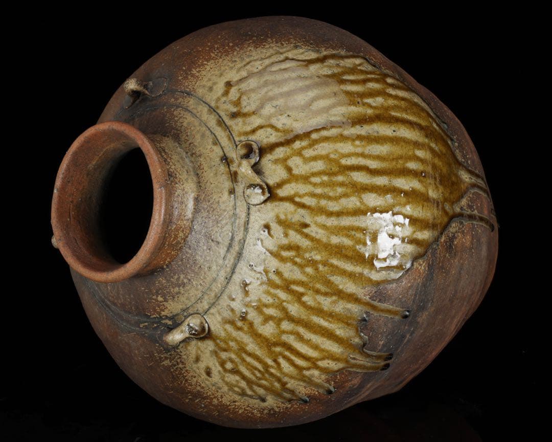 古伊賀 ビードロ自然釉 四耳大壺 47cm 壷 伊賀焼 時代物 古美術