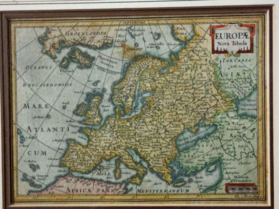 額装品西洋古地図1651年メルカトル地図帳ヤンソニウス「ヨーロッパ図」