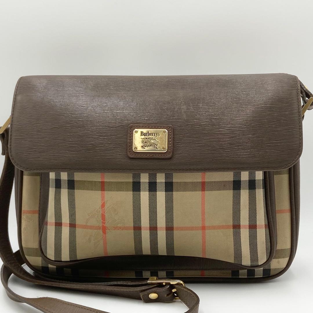 バーバリー　ショルダーバッグ　ノバチェック　キャンバス　レザー　ブラウン