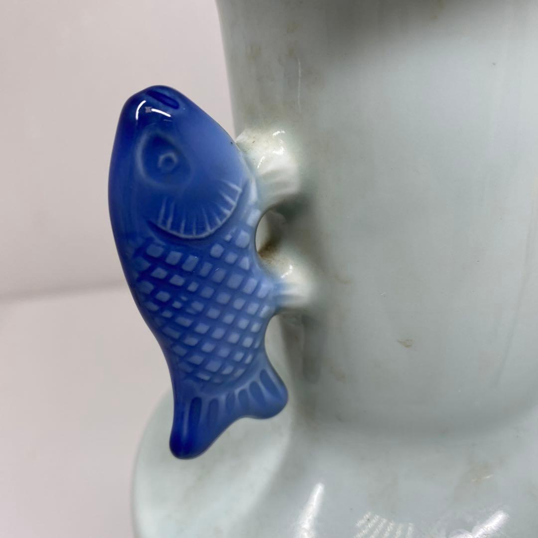 中国美術 魚耳 青磁花瓶 高さ約21.8㎝ タサオ 東さ7-0609②
