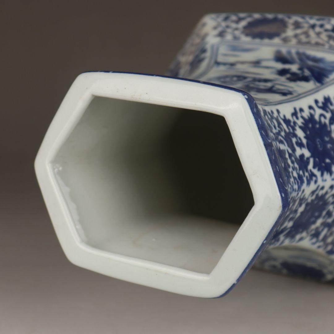 中国美術 青花山水花鳥紋六方扁瓶 景徳鎮 陶磁器 装飾品 工芸