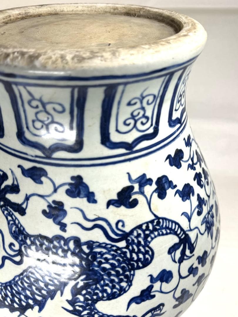 古染付 龍紋獅耳大壷 伝世品焼物 虫食い 青花 呉須