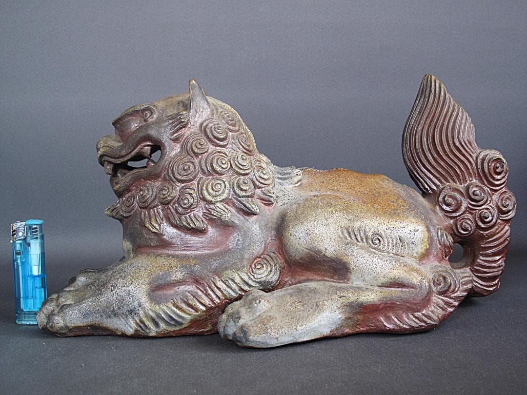 優品‼ 備前名工! 藤原陶斎 作『獅子置物』細工物 高19.5㎝ 横