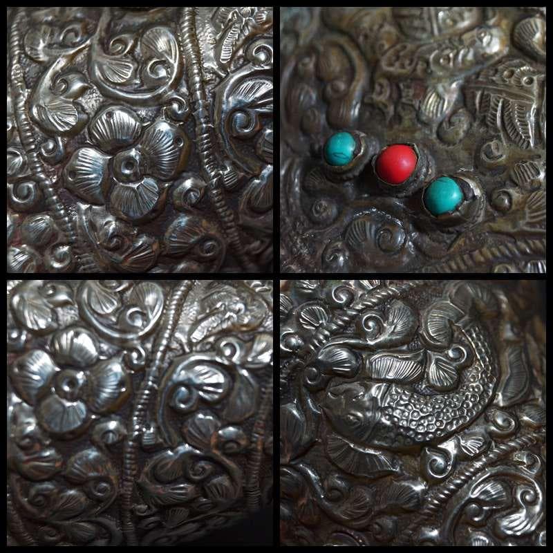 オールドチベット法具大型左巻法螺貝純銀巻きターコイズコーラル象嵌