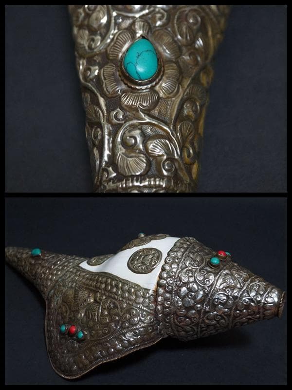 オールドチベット法具大型左巻法螺貝純銀巻きターコイズコーラル象嵌