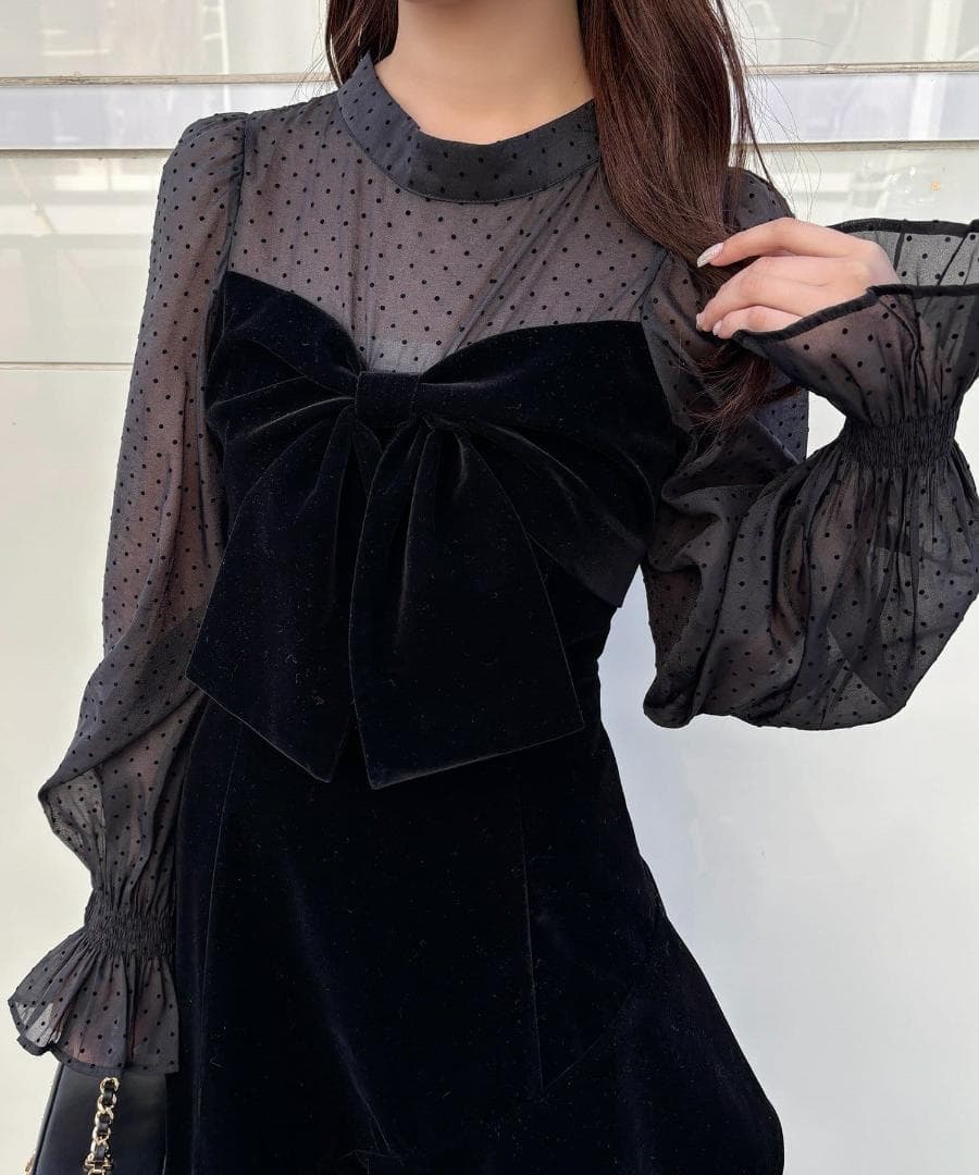 新品 NICE CLAUP オケージョン ベロアリボン異素材ロングワンピース