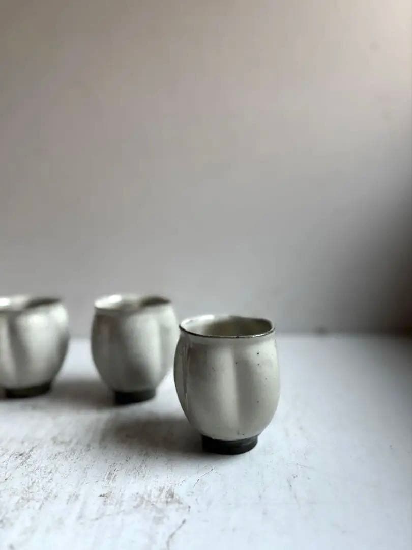 777 民芸 民陶 唐津焼 中里隆 粉引 瓜型湯呑み 3点組 美品