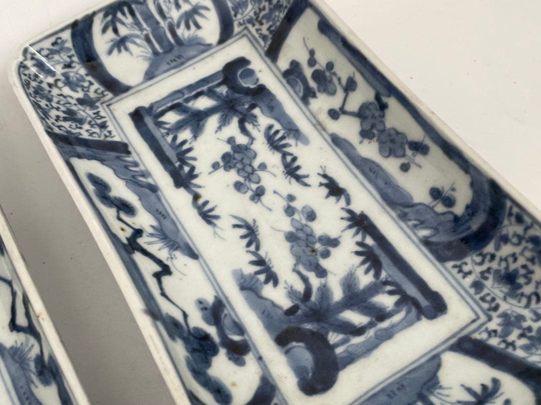 骨董 アンティーク 古伊万里 染付 松竹梅図 長方皿 長皿 鮎皿 向