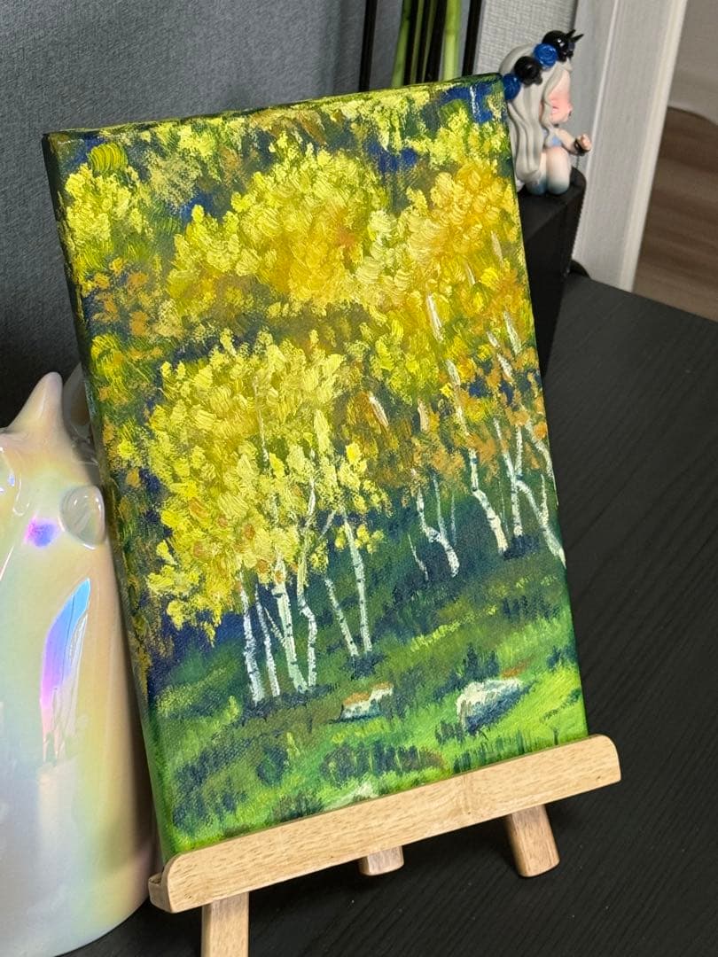 「金色の森」　手描き　油絵　風景画　原画　油彩画　印象派