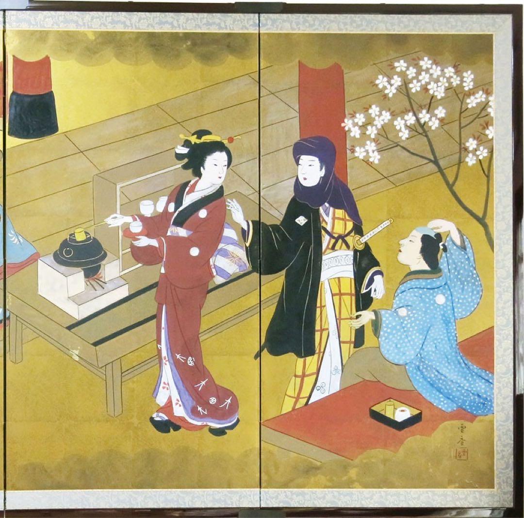 四つ折り屏風　日本画　金箔彩色　花見遊山