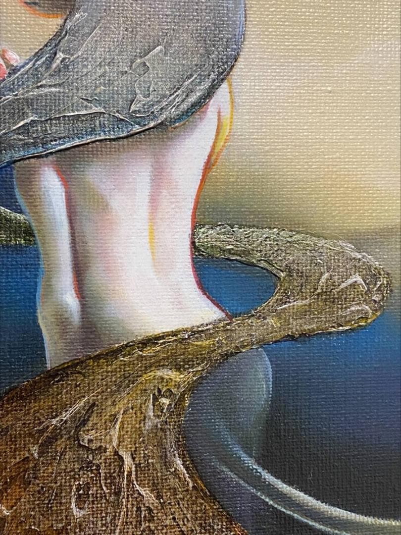 「真作」宇川征二『Streams and Lines』猫女　油絵　サイン有り