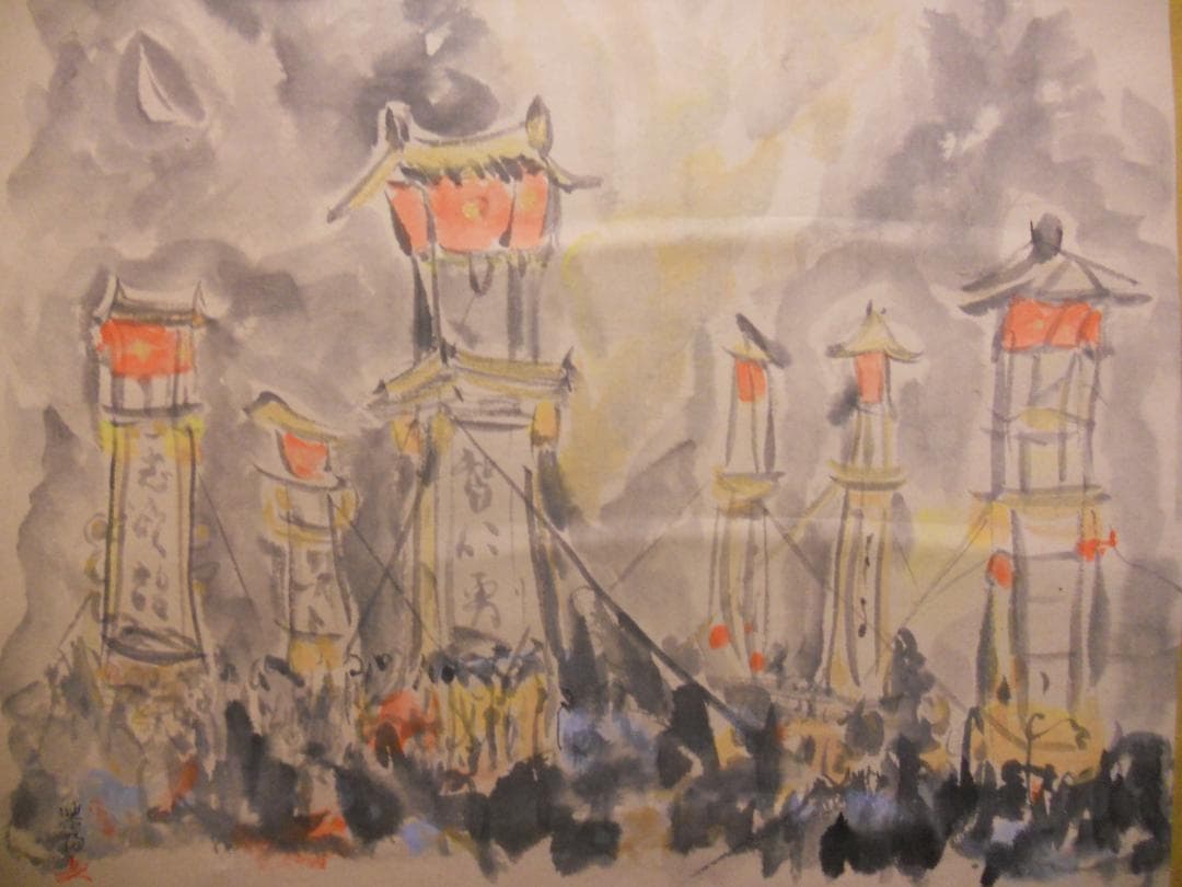 掛け軸 楽梅 『 川渡り 神幸祭 』 紙本 希少 軸装 茶道具 掛軸 美品 です