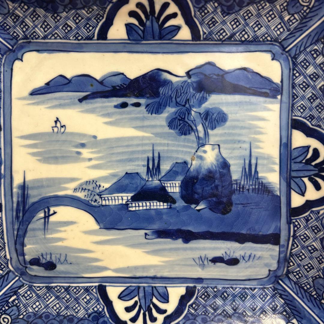 長皿 変形皿 歪み 染付 菊花型 5枚 松 古伊万里 染付