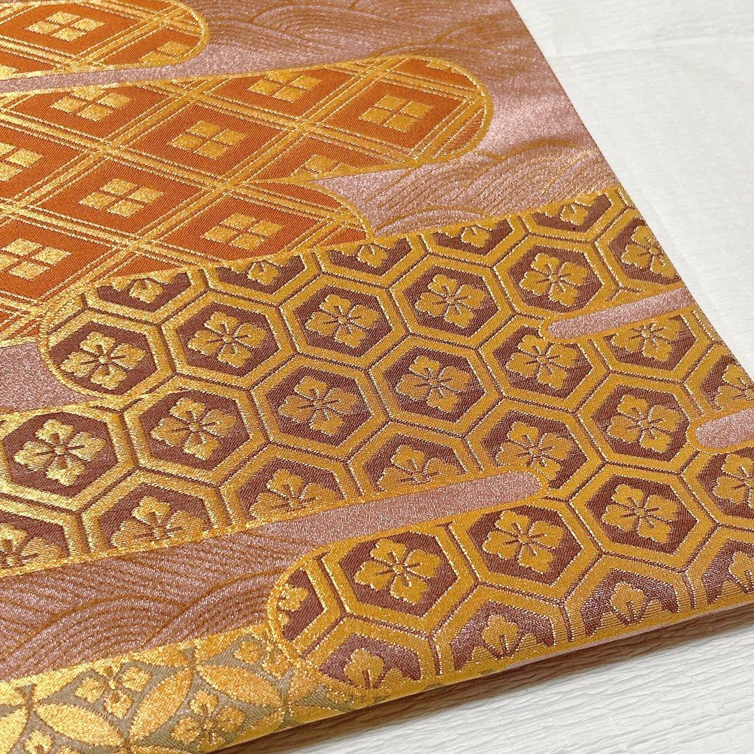 梅垣織物 袋帯 有職霞文 西陣織 正絹 金糸 ピンク