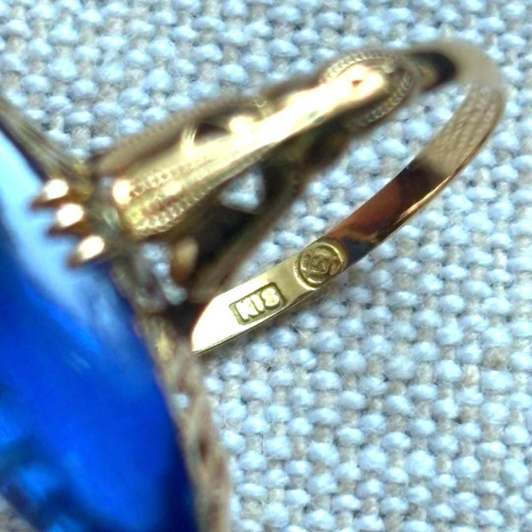 大幅値下げ K18 ゴールド 王冠透かし ブルー カボション リング 指輪