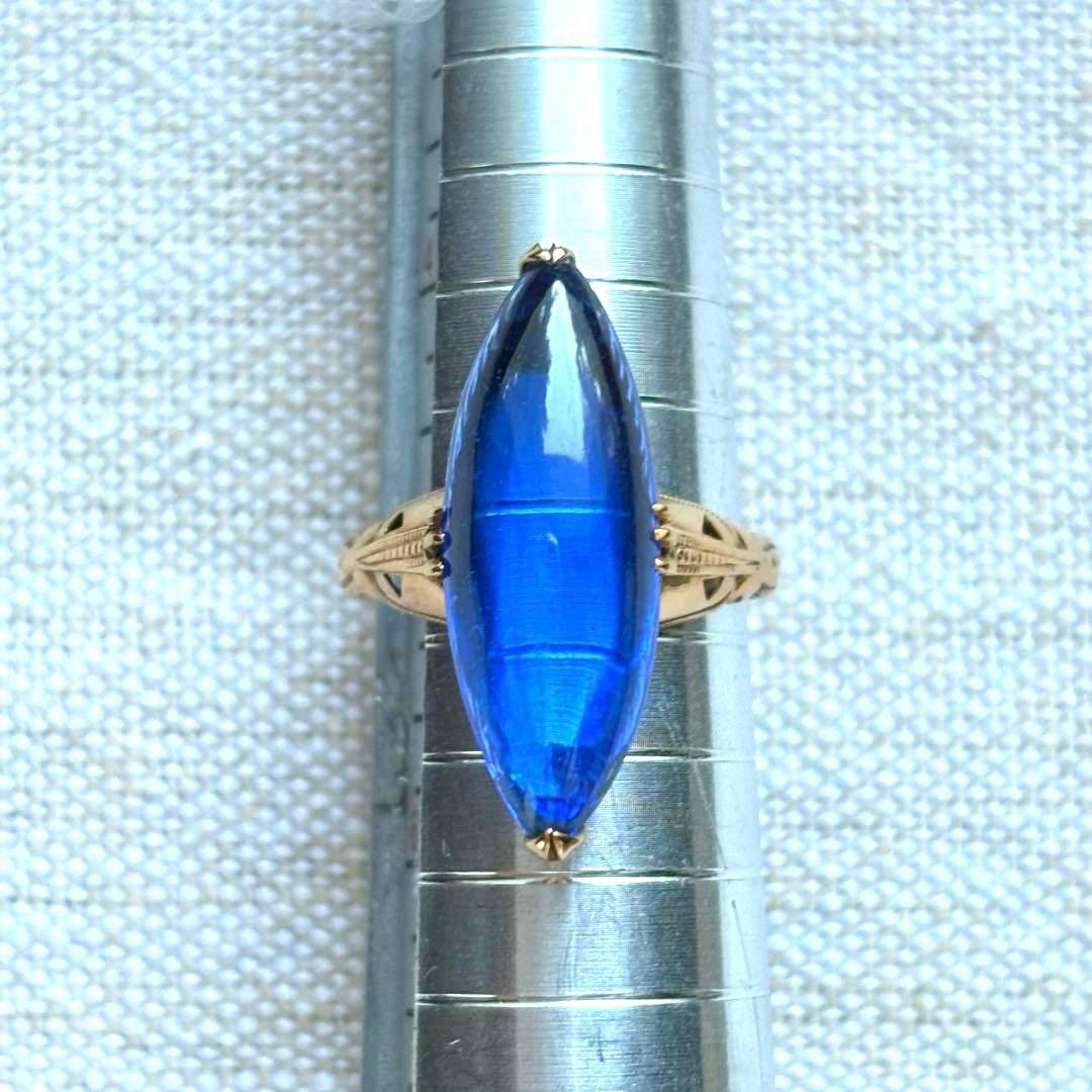大幅値下げ K18 ゴールド 王冠透かし ブルー カボション リング 指輪