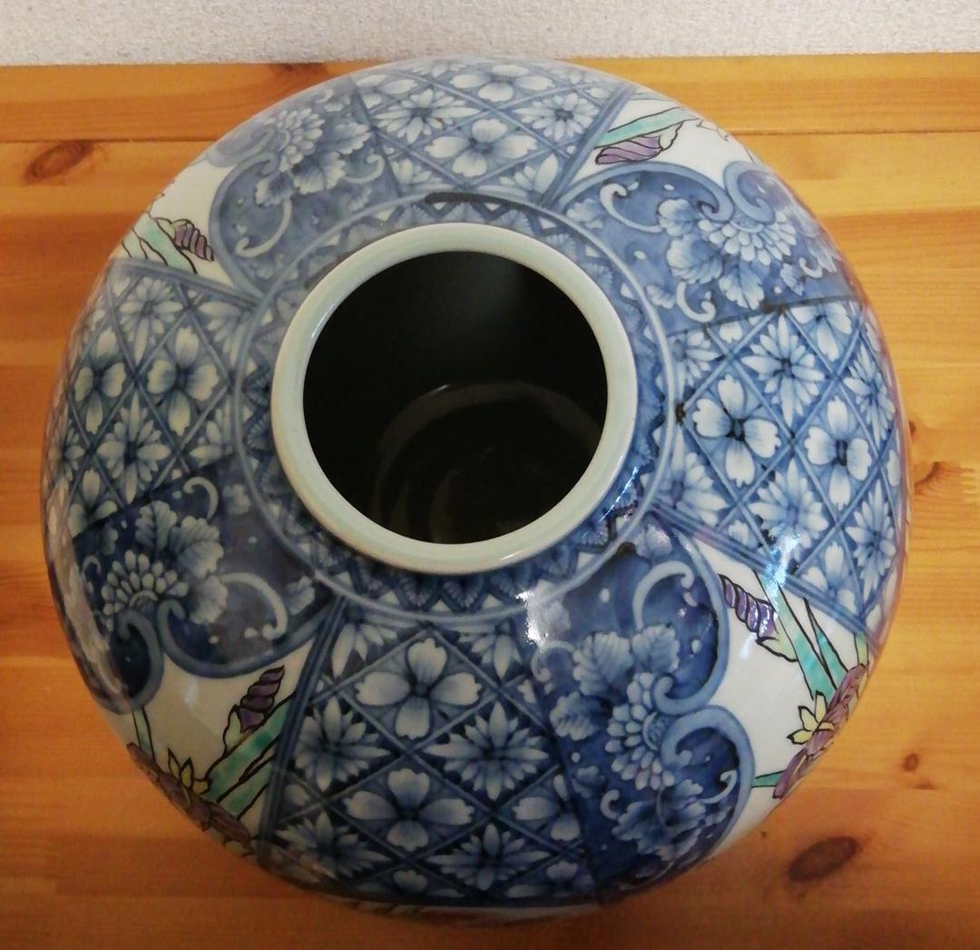 六代 佐藤走波作 染錦 あやめ麦文 壺 共箱 花瓶 C99864