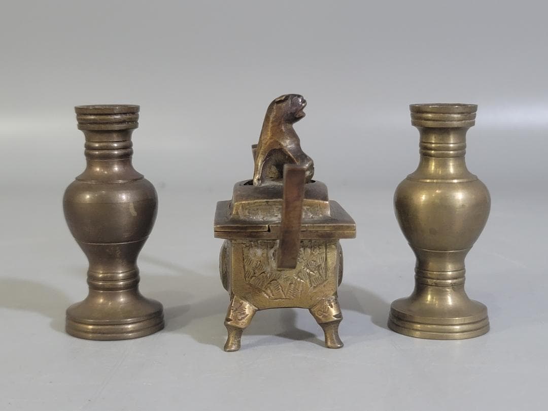 古銅 豆 香炉 花器一対 Ａ845