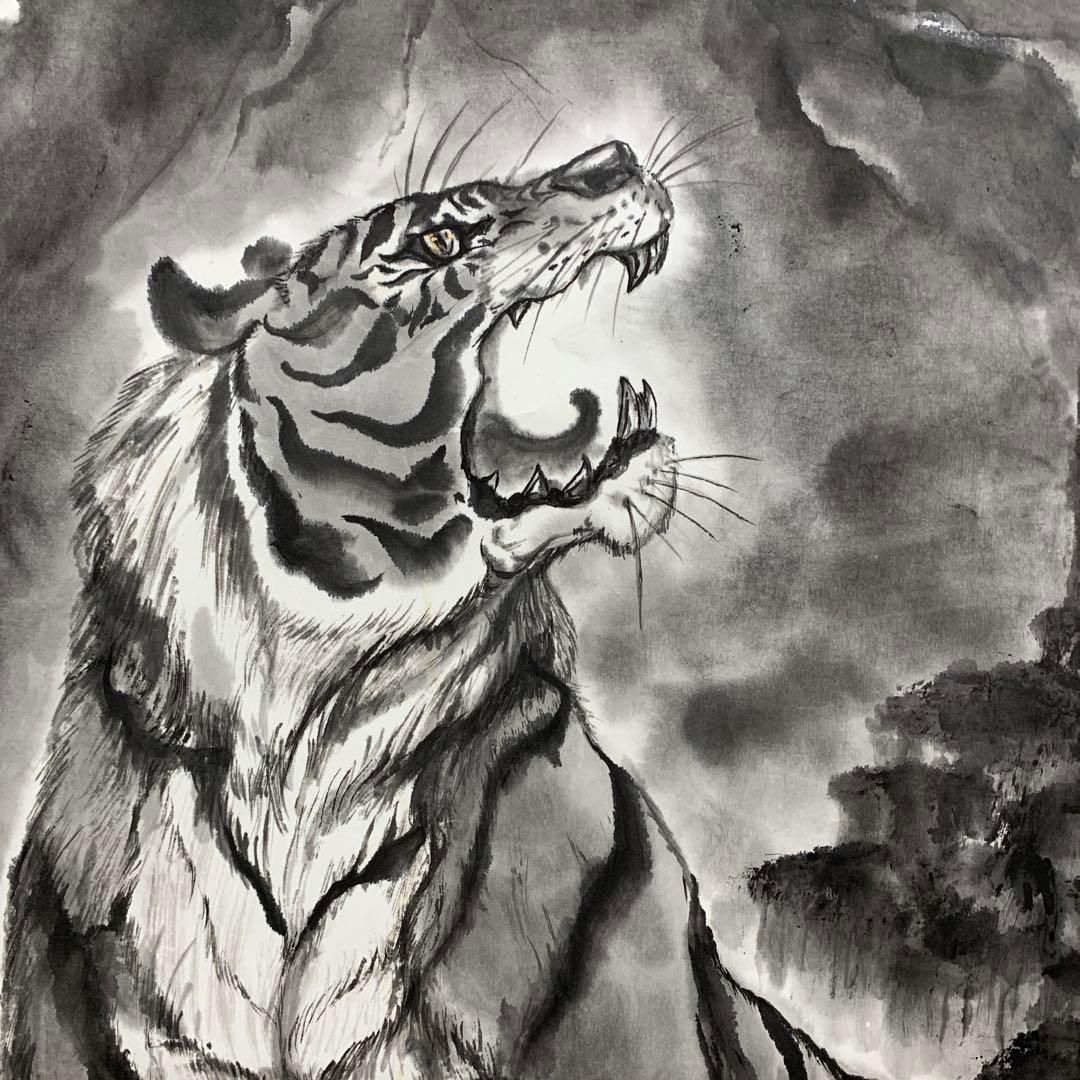 美品 掛け軸 現代水墨画家 絵師白道作「龍虎の図」共箱 墨絵 水墨画