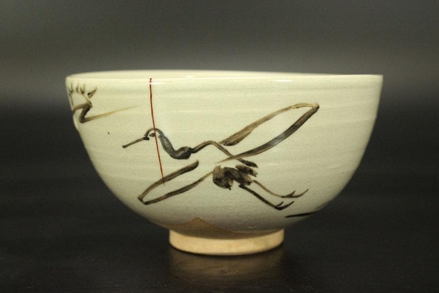 茶道具 竹泉造 鶴絵茶碗 共箱 時代物(LC776)