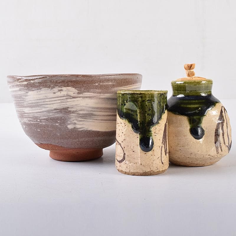 茶道具 利休茶箱 浅見与し三作 茶碗 織部焼 振出など 八点 一式 VR7984