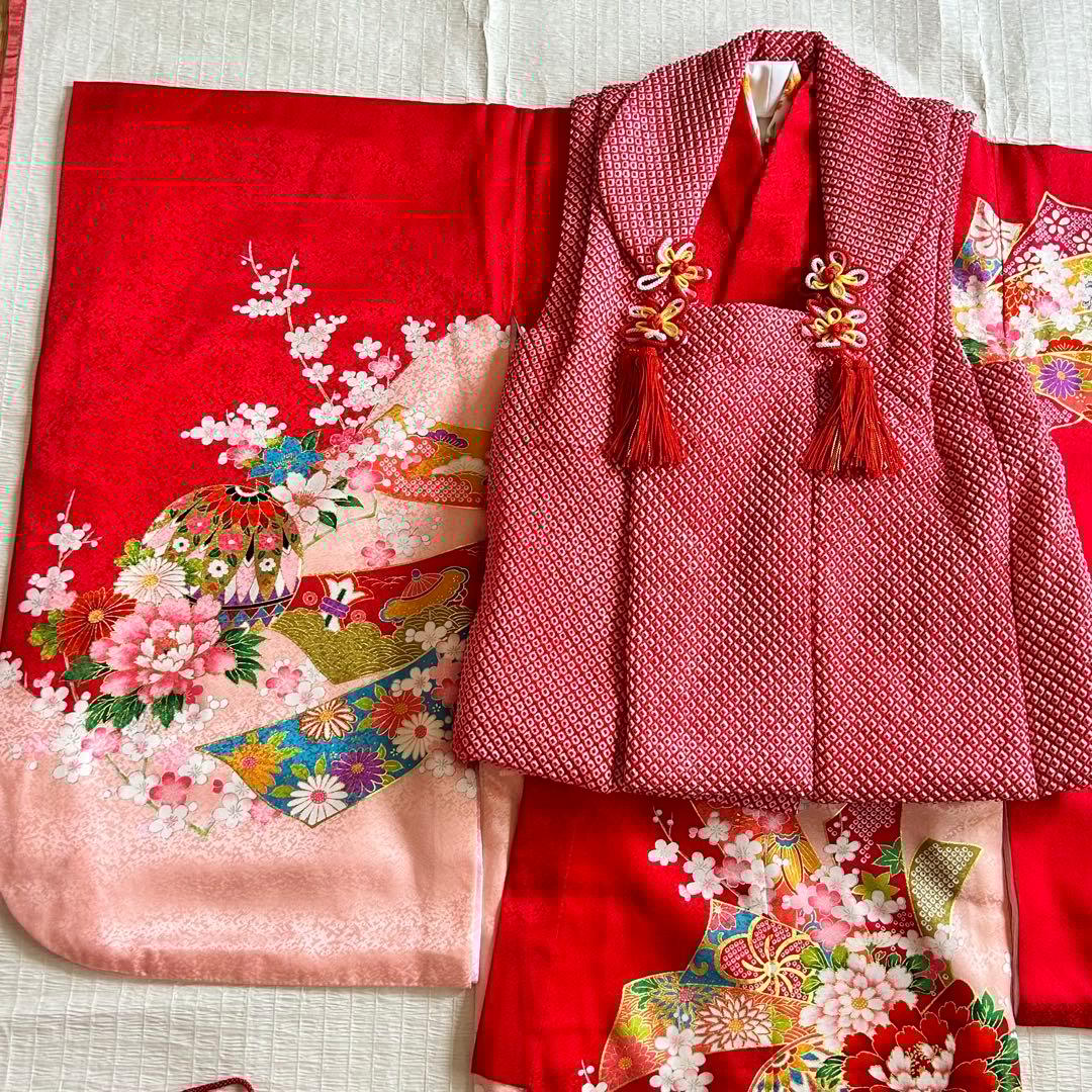 七五三 3歳 フルセット 着物 753 絹 被布 ピンク 三歳 赤 草履