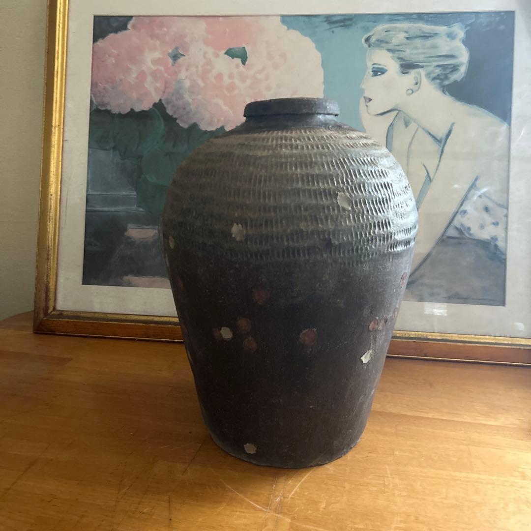 神楽焼 大壺 骨董品 ブロンズ色陶器の大きめの壺