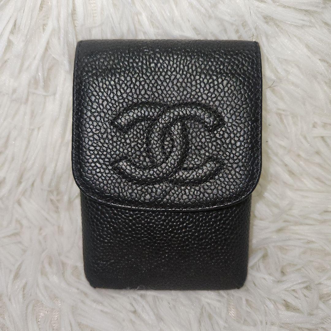 シャネル シガレットケース キャビアスキン ココマーク レザー ブラック