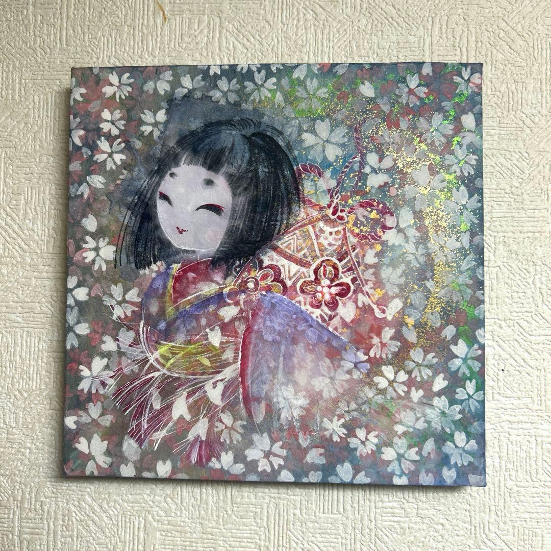 吉祥日本画「金箔入り　座敷わらし　手毬梵天」幸福の座敷童子