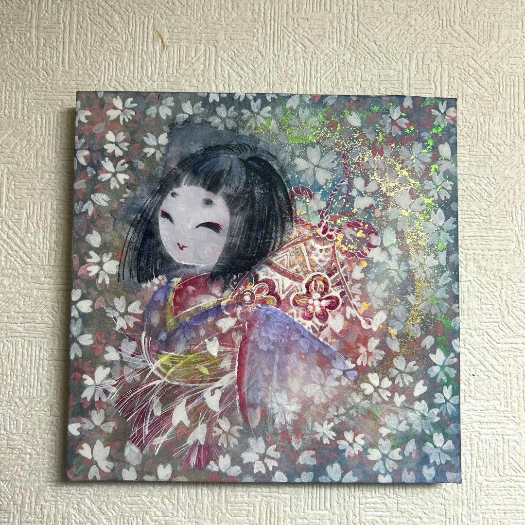 吉祥日本画「金箔入り　座敷わらし　手毬梵天」幸福の座敷童子