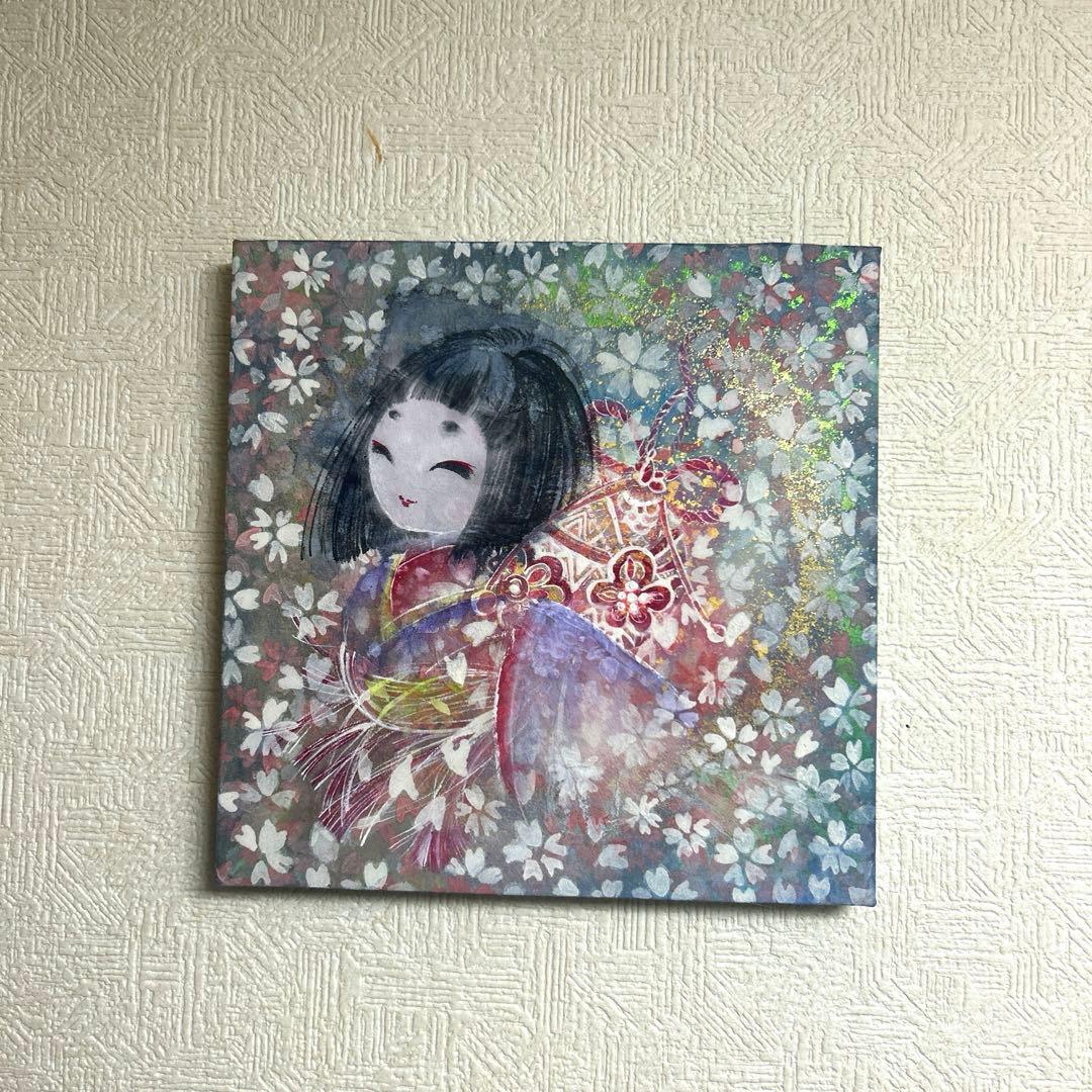 吉祥日本画「金箔入り　座敷わらし　手毬梵天」幸福の座敷童子