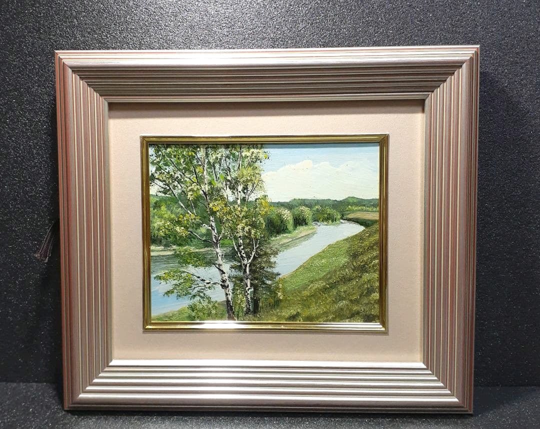 油彩　額装　出身　『ワレンチン　カザチョク』画　夏風景　白樺の木