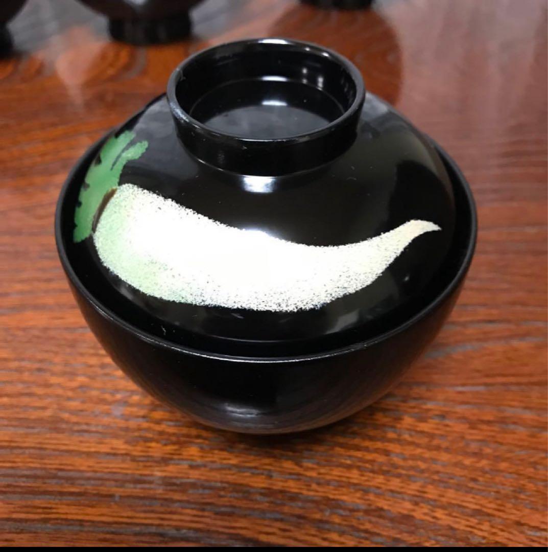 越前塗 野菜　うるし絵 蓋つき　汁椀　5個　絵変り