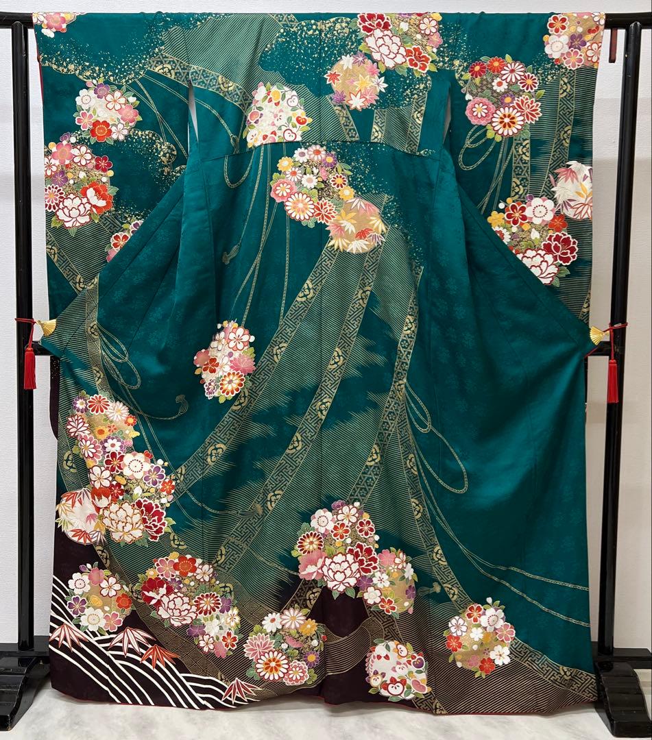 振り袖 フルセット 長襦袢付 成人式 グリーン 金彩加工 刺繍入り 744