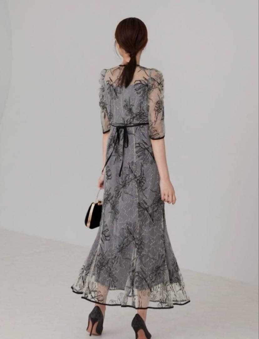 花柄リボンパフスリーブマーメイドワンピースドレス