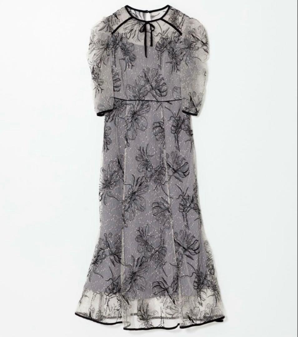 花柄リボンパフスリーブマーメイドワンピースドレス