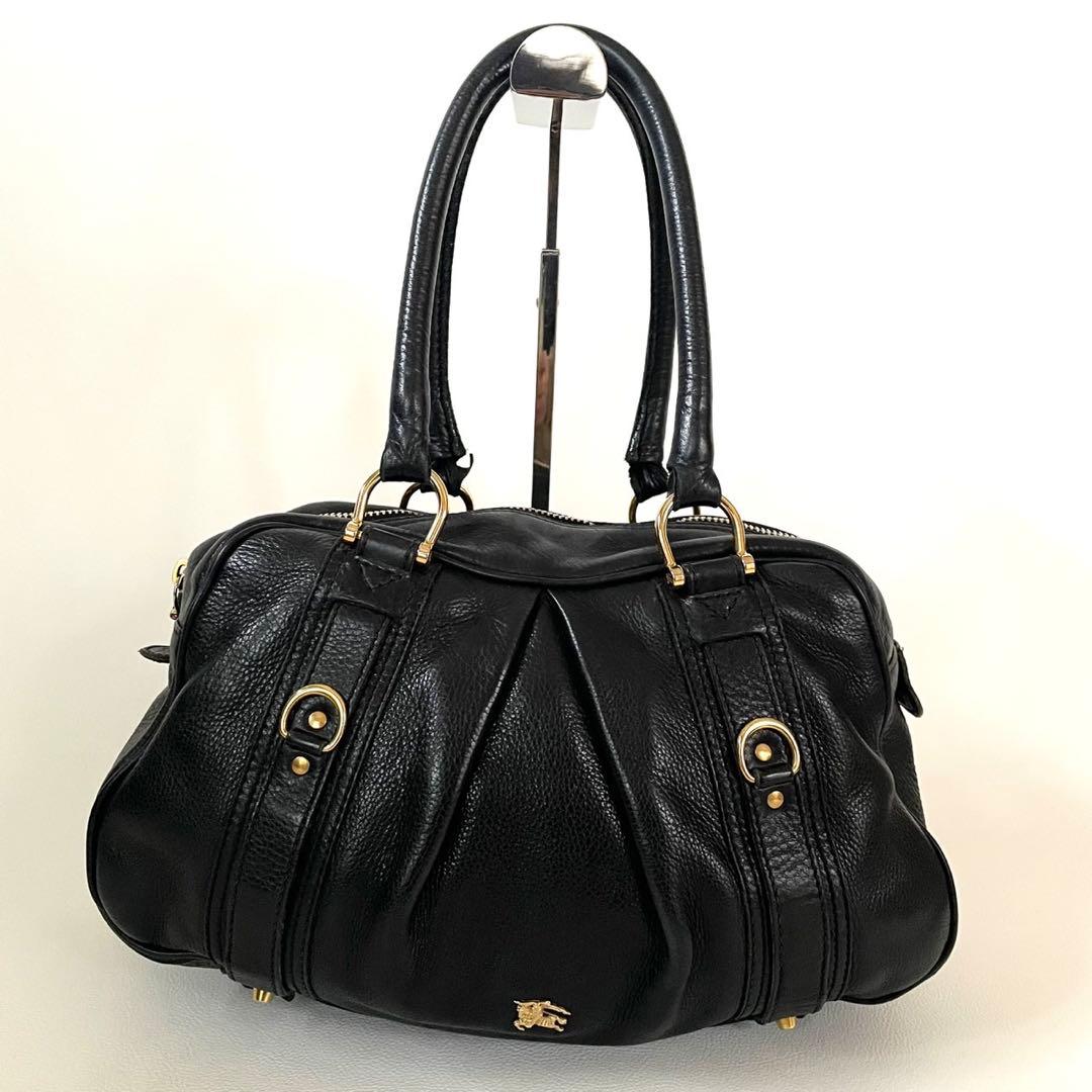 バーバリー ハンドバッグ ブラックレザー メガチェック ホースロゴ ゴールド