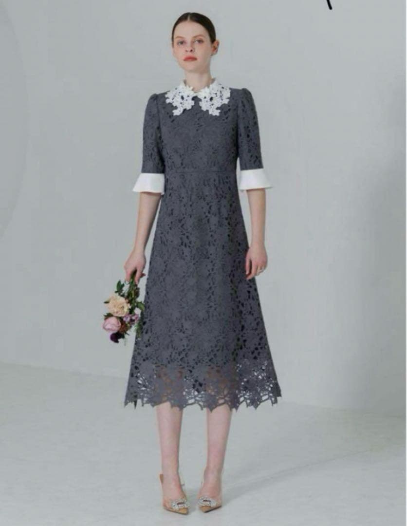 花柄レースカラースパンコールAラインドレス結婚式二次会パーティー成人式デート レジャ Leja 花柄レースカラースパンコール刺繍Aラインフレアドレス