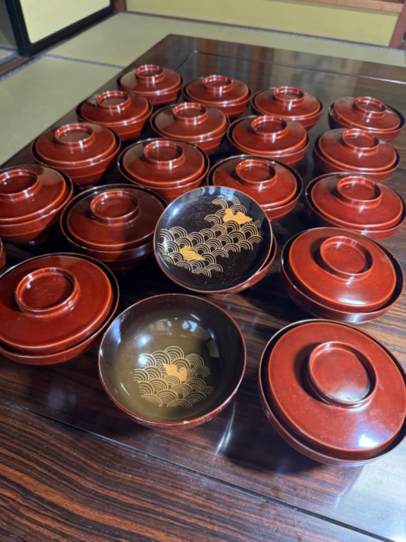 木曽漆器 吸物椀 二十客（蓋付き／江戸後期・手描